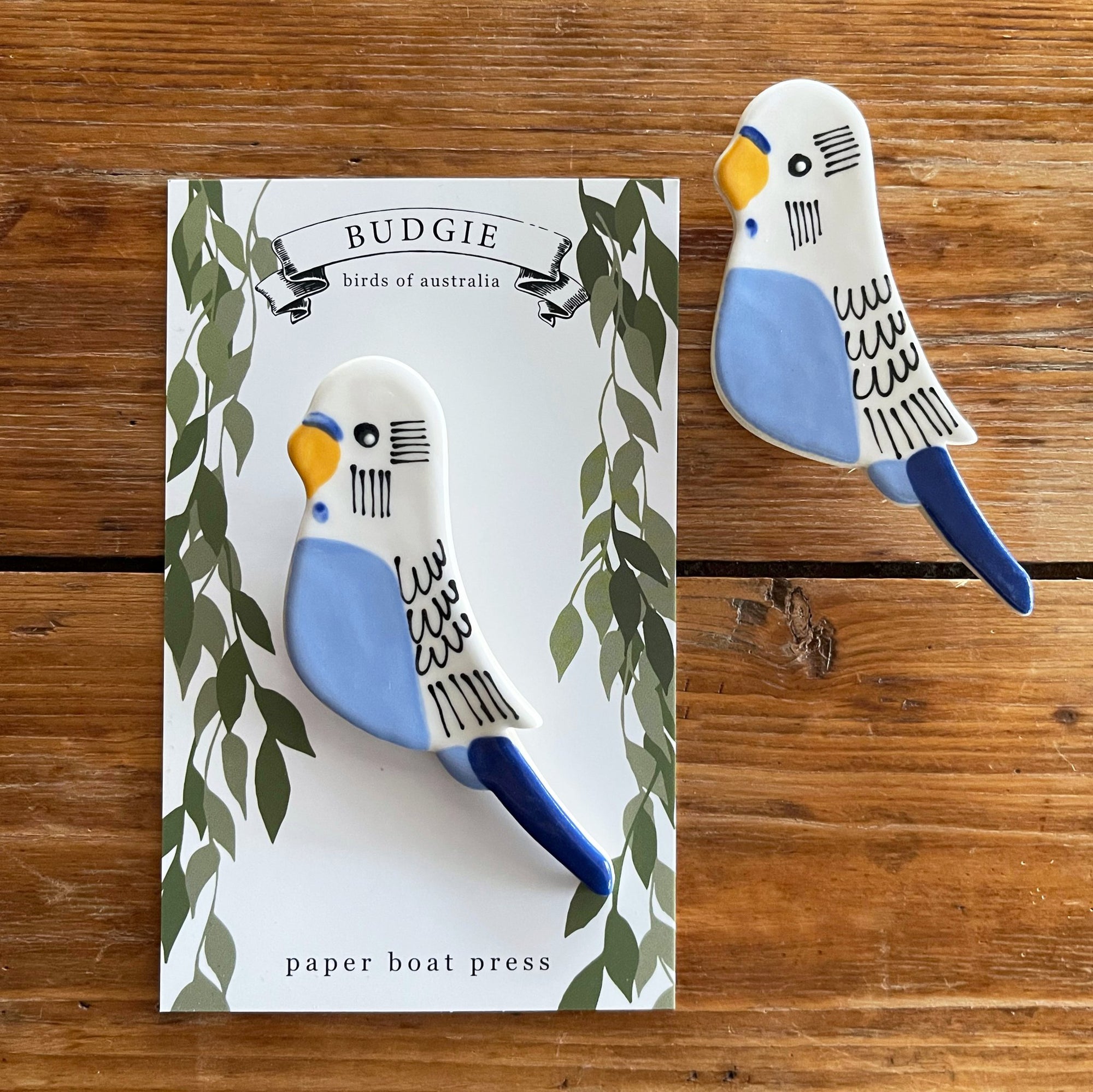 Blue Budgie Ceramic Brooch