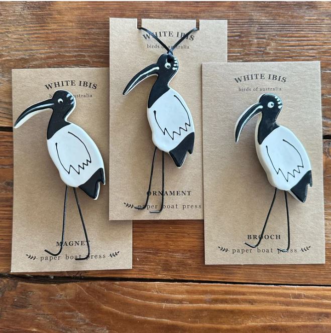 White ibis ceramic brooch