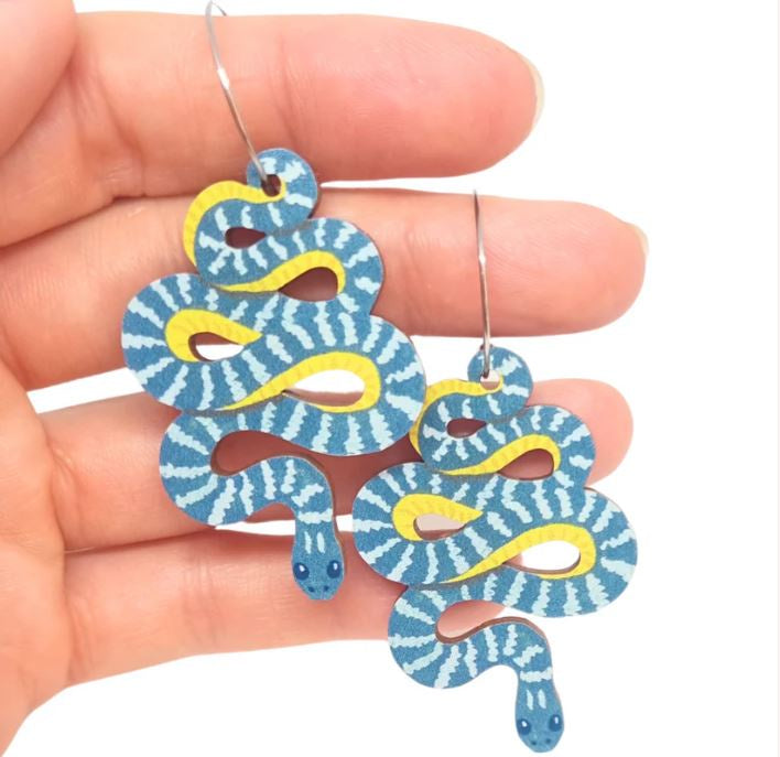 Green Tree Snake Wooden Earrings
